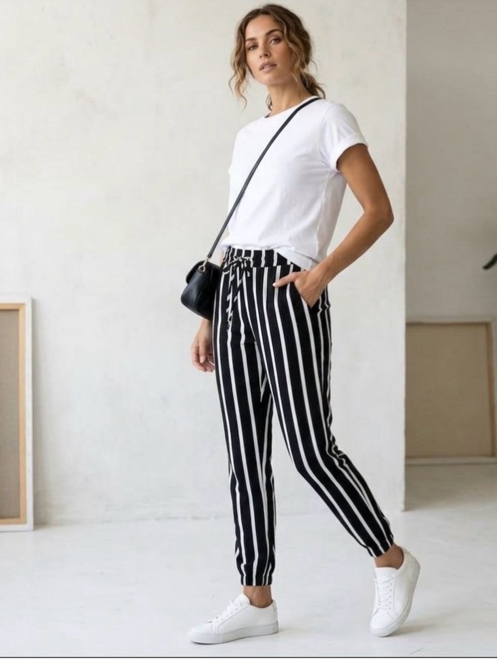 Y2K Women Striped Pants Black White Vertical Stripe Joggers Elastic Waist Sz S